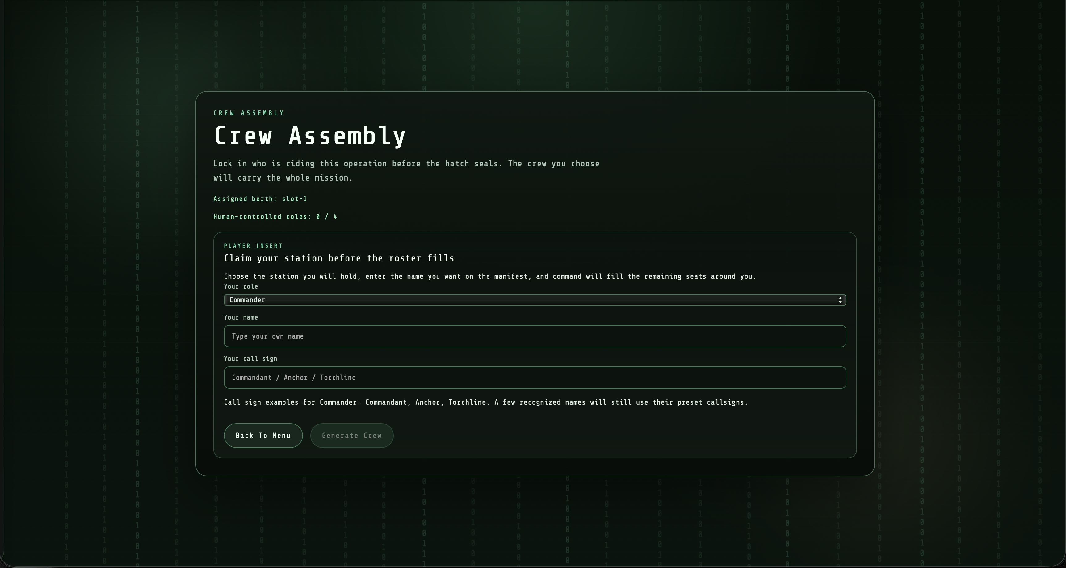 Crew assembly screen for assigning the player role and generating the crew