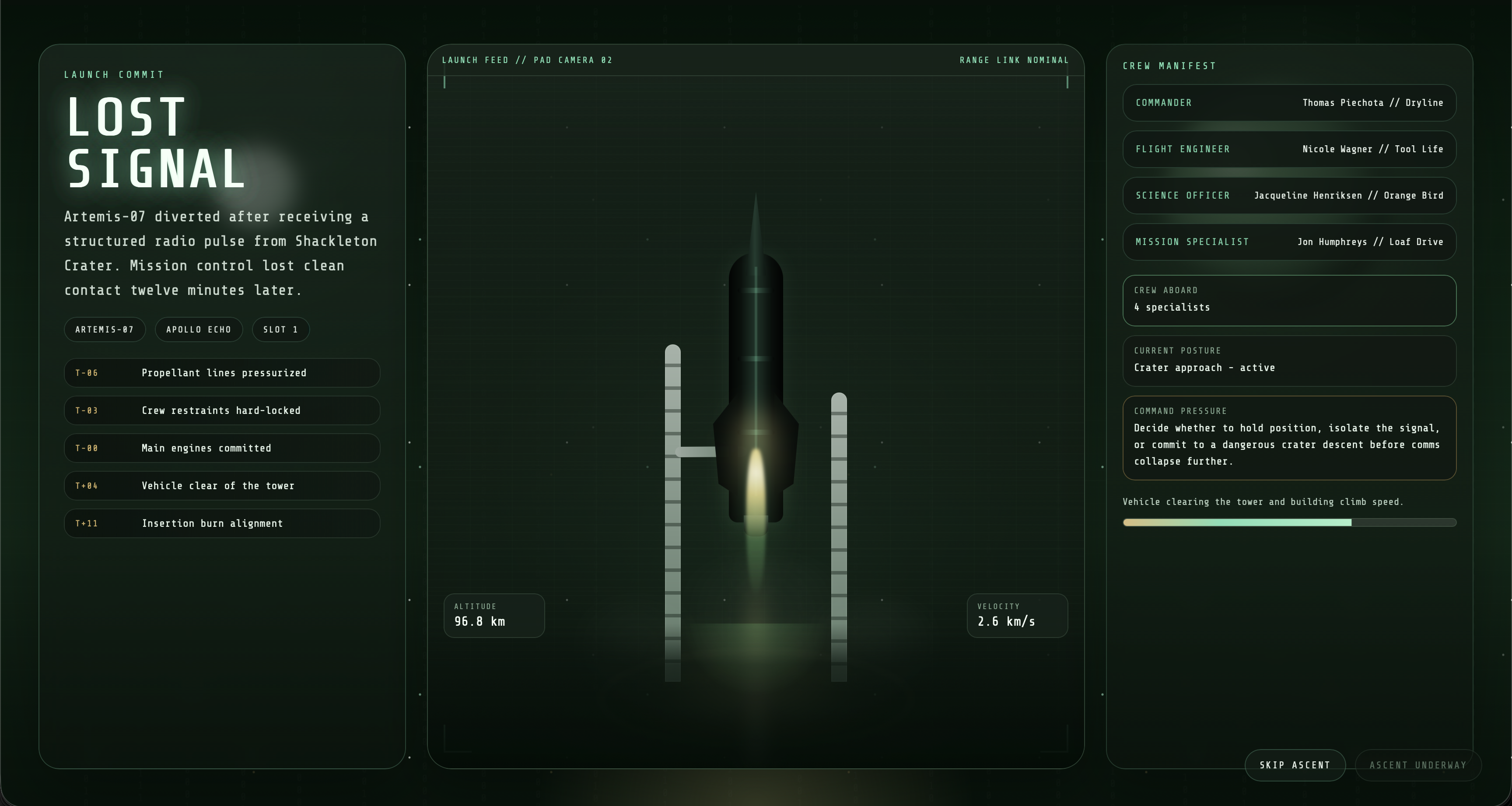 Launch sequence showing mission profile, manifest, and ascent state