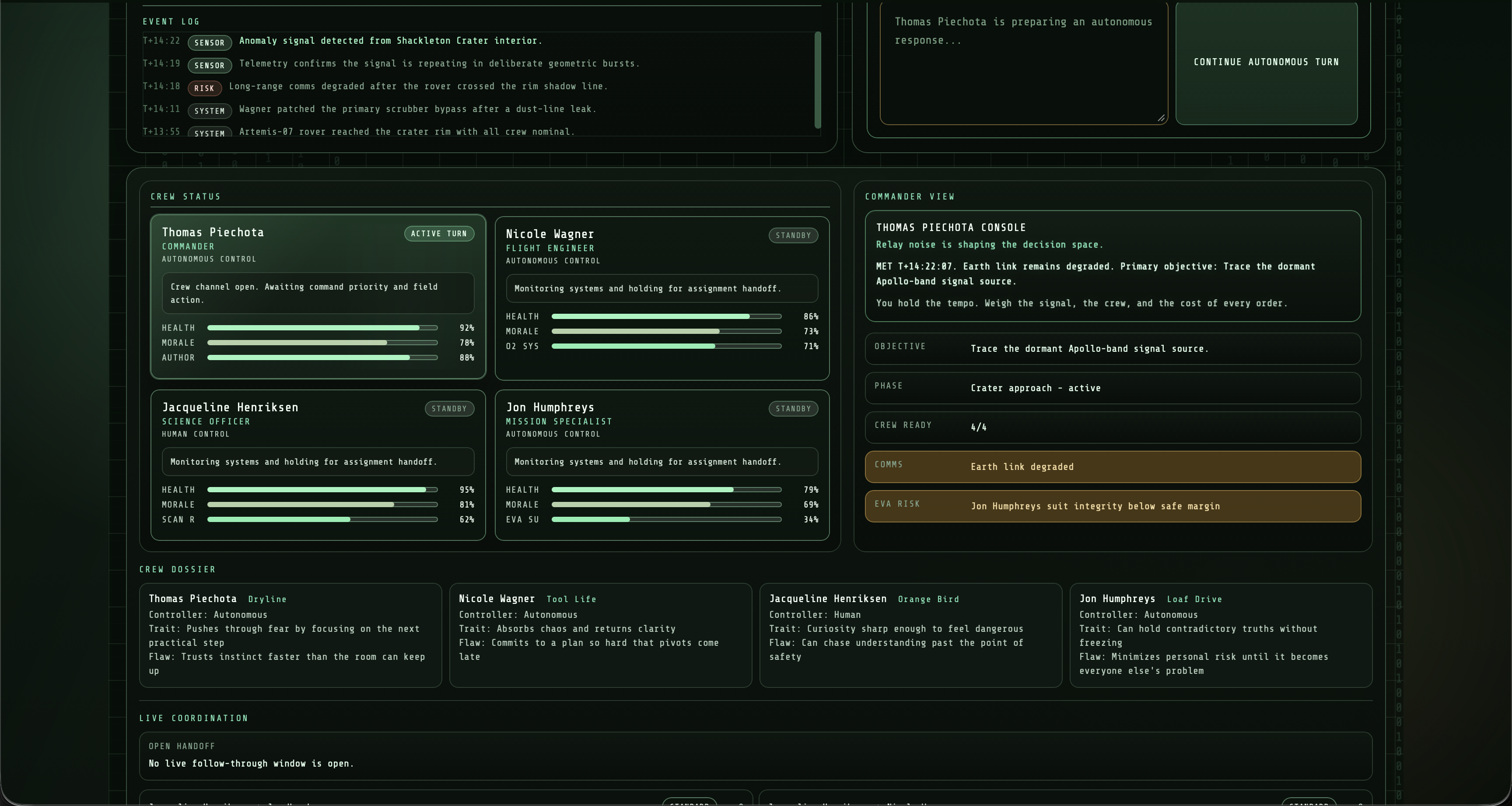 Live mission interface with crew status, event log, and commander view