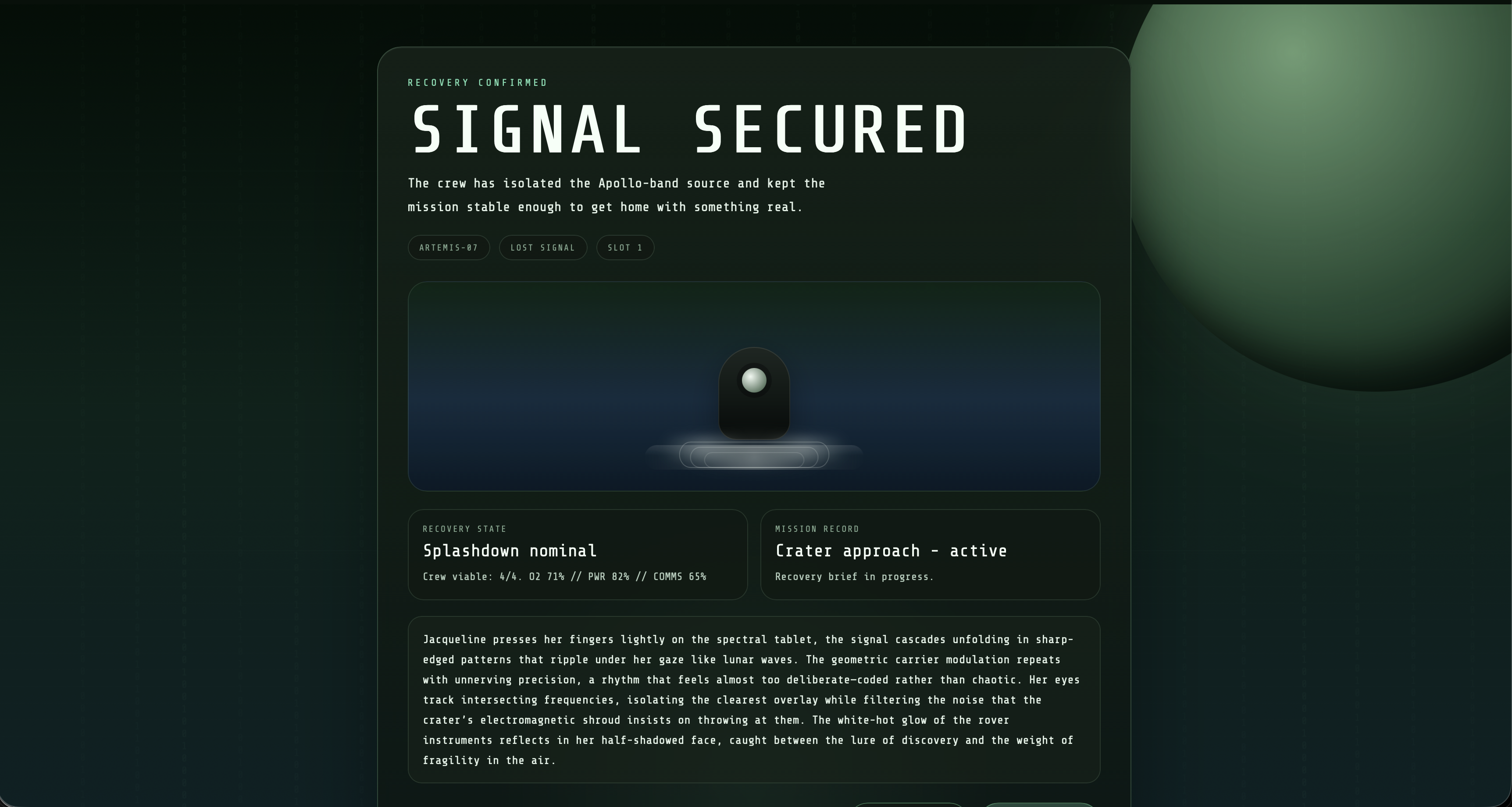 Signal Secured resolution screen after a successful mission outcome