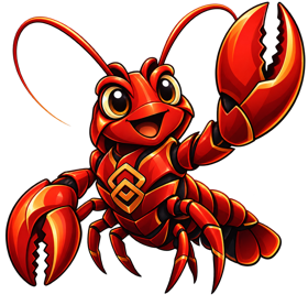 Red and gold lobster mascot with one claw raised